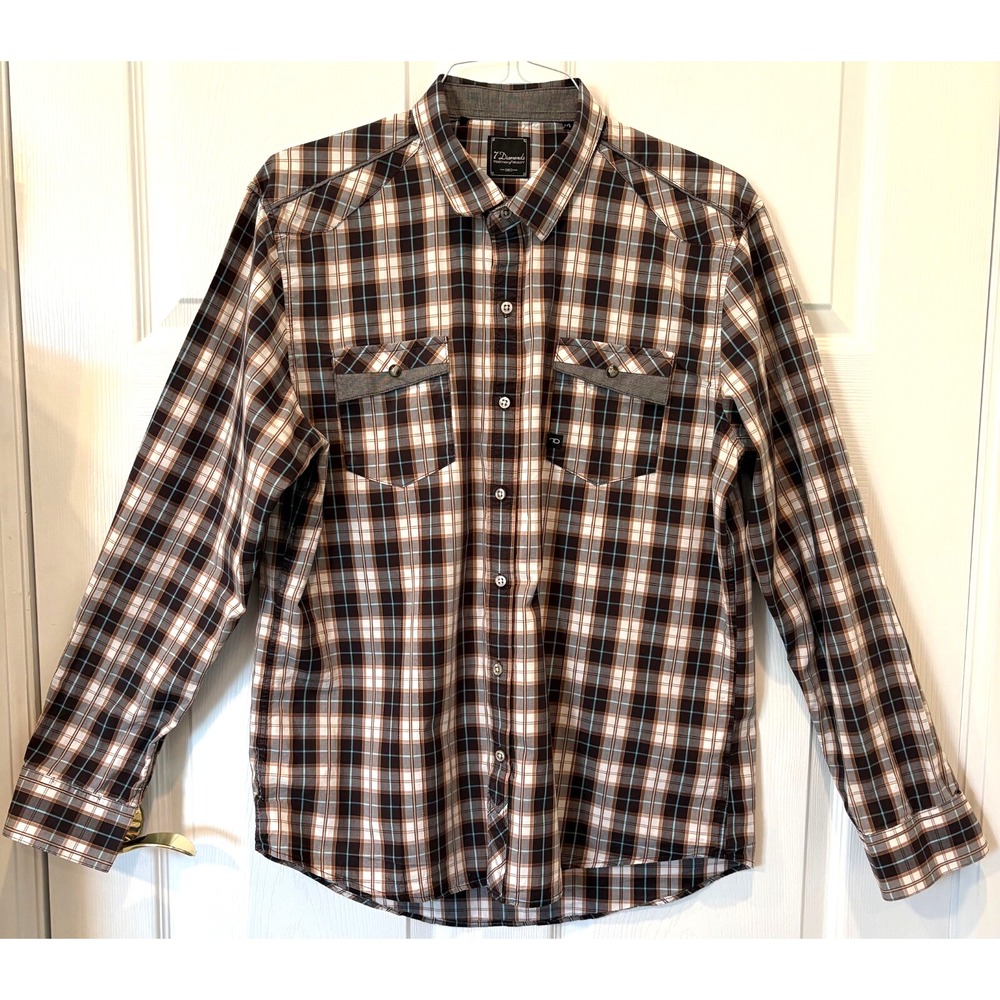 7 Diamonds Men's Plaid Button-Up Shirt Brown Blue‎ Western Style XL 100% Cotton